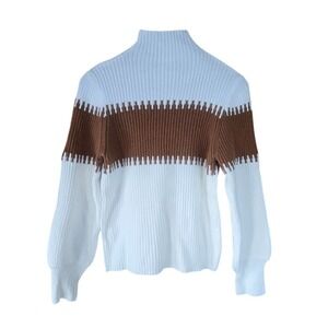 Shein Ribbed Knit Mock Neck Sweater Womens L Colorblock Lantern Sleeve Patchwork